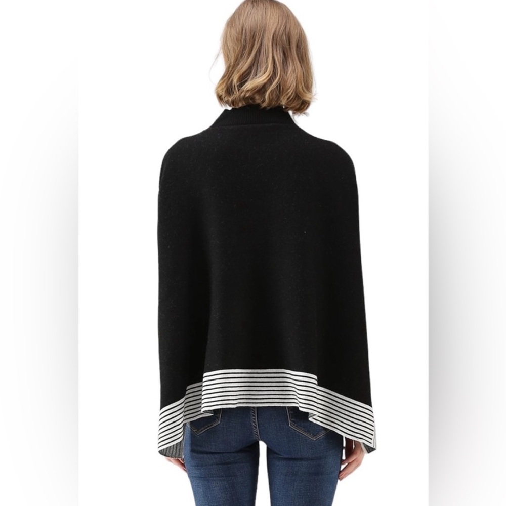 NWT Crosstree Lane Black & Cream striped sides/sleeves poncho mock neck sweater - Picture 2 of 9